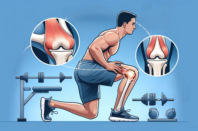 Man kneeling with weights in background while th meniscus is highlighted